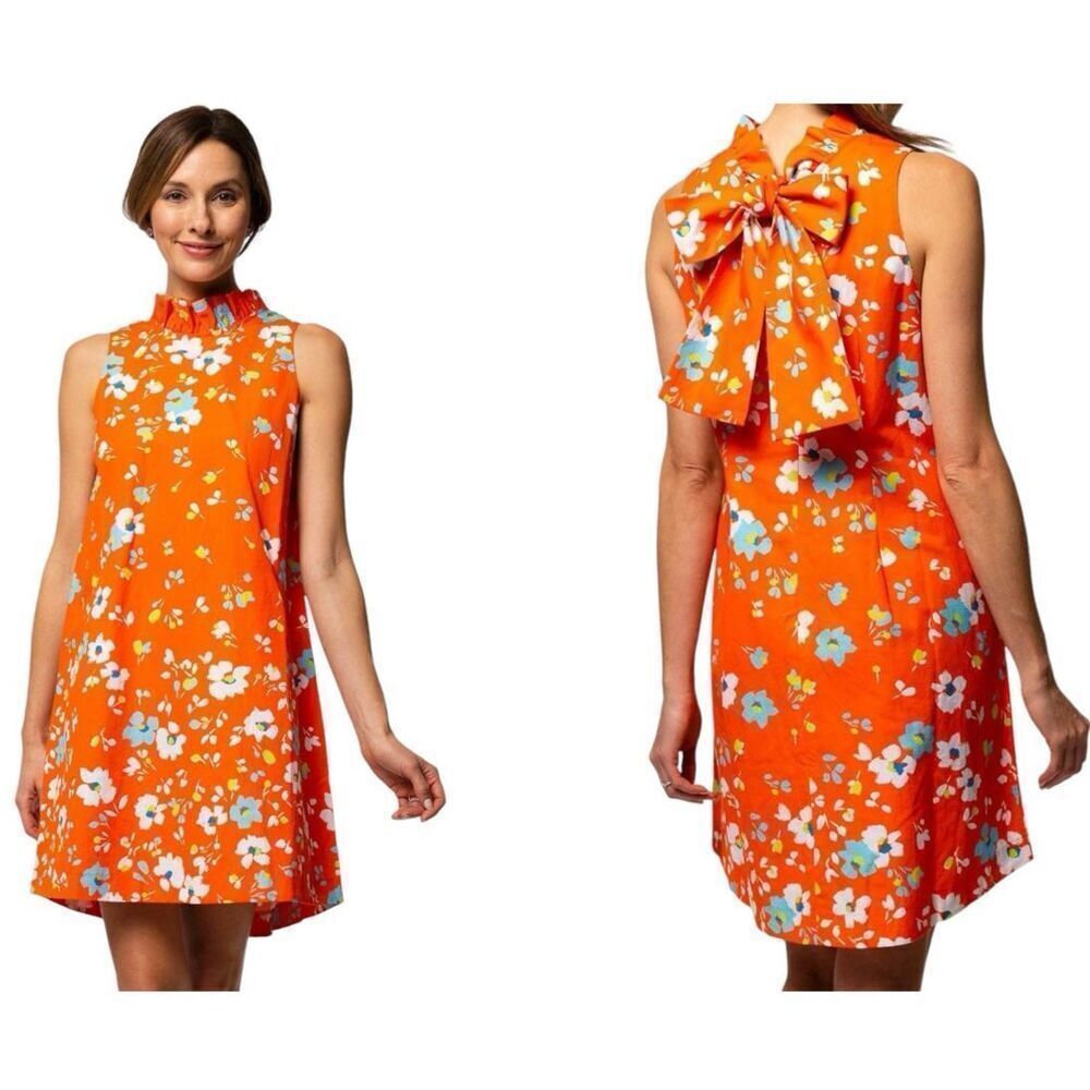 Tyler Boe Stella linen blend orange floral Dress ruffle collar A-line pockets XL